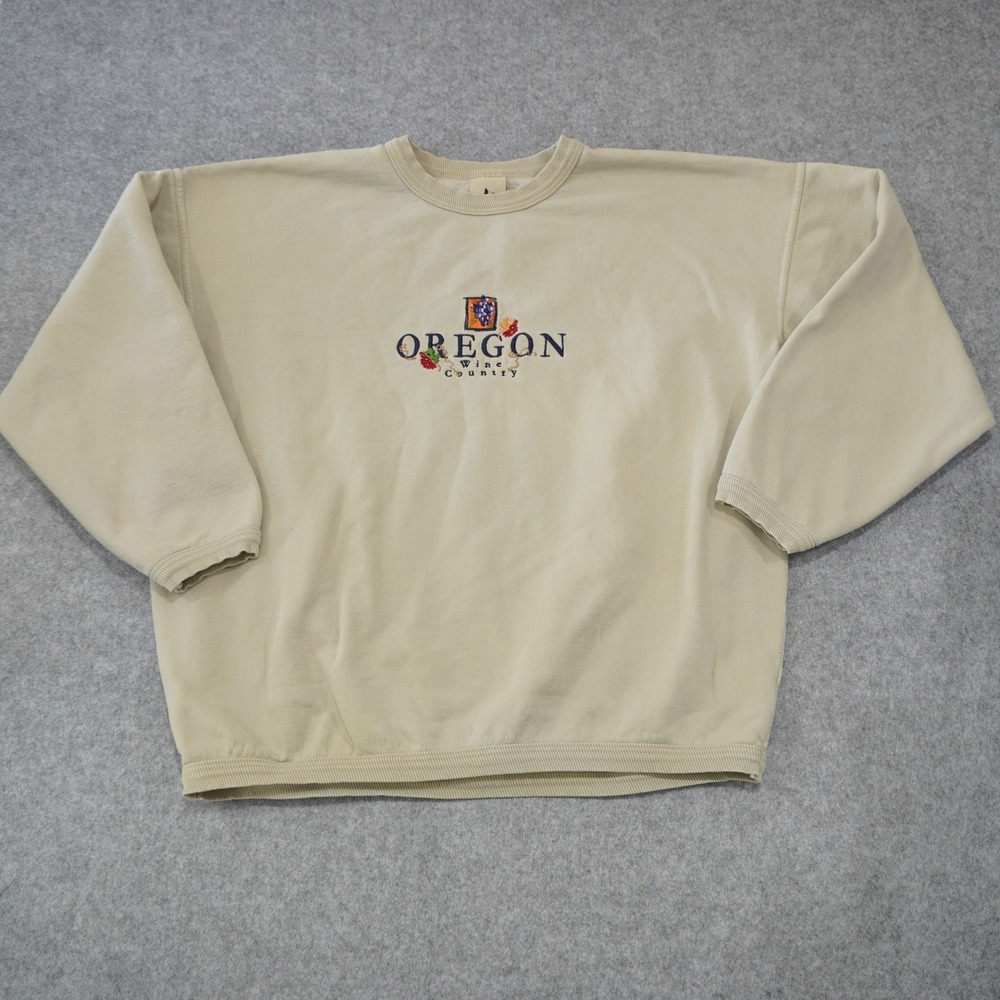Vintage Medium Oversized Tan Oregon Wine Country Embroidered Crewneck Sweatshirt